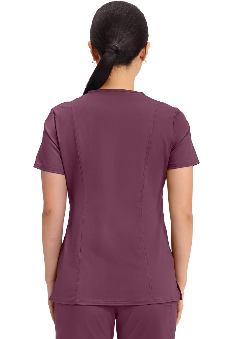 Cherokee Scrubs Top for Women Mock Wrap with 3 Pockets, Soft, 2-Way Stretch & Durable Fabric - WW610, M, Wine - Image 3
